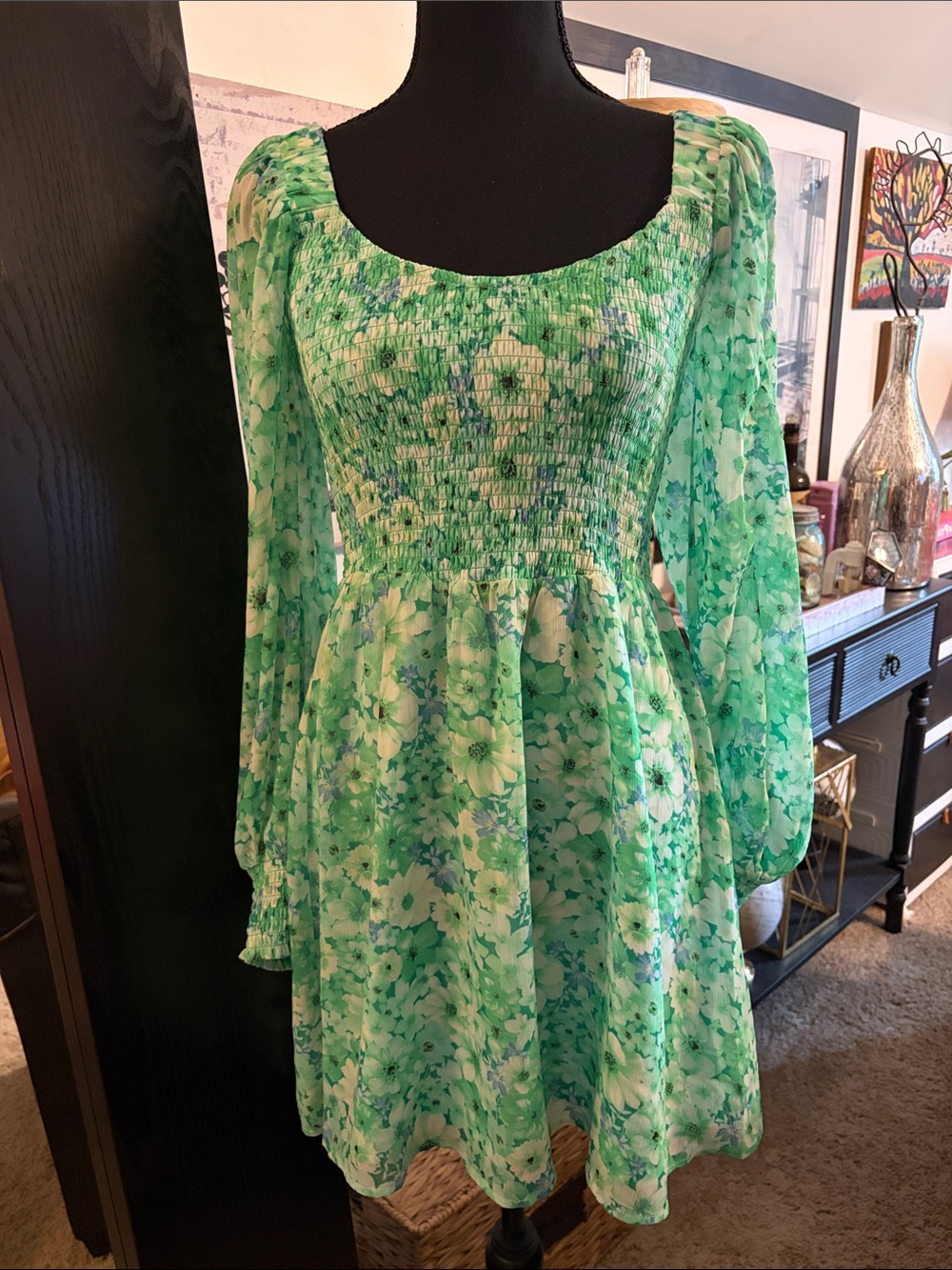 Green Floral Smocked Long-Sleeve Mini Dress